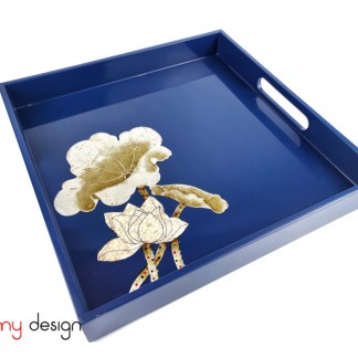 Blue square lacquer tray hand-painted with lotus 30 cm